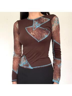 Cache Cache Micromesh brown & blue long sleeve top